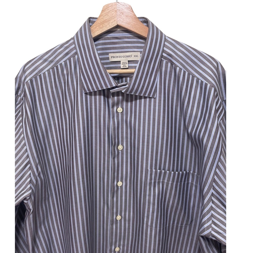 Pronto Uomo Mens XXL Dress Shirt‎ Grey Blue Striped Non-Iron Modern Fit Cotton - Picture 5 of 10